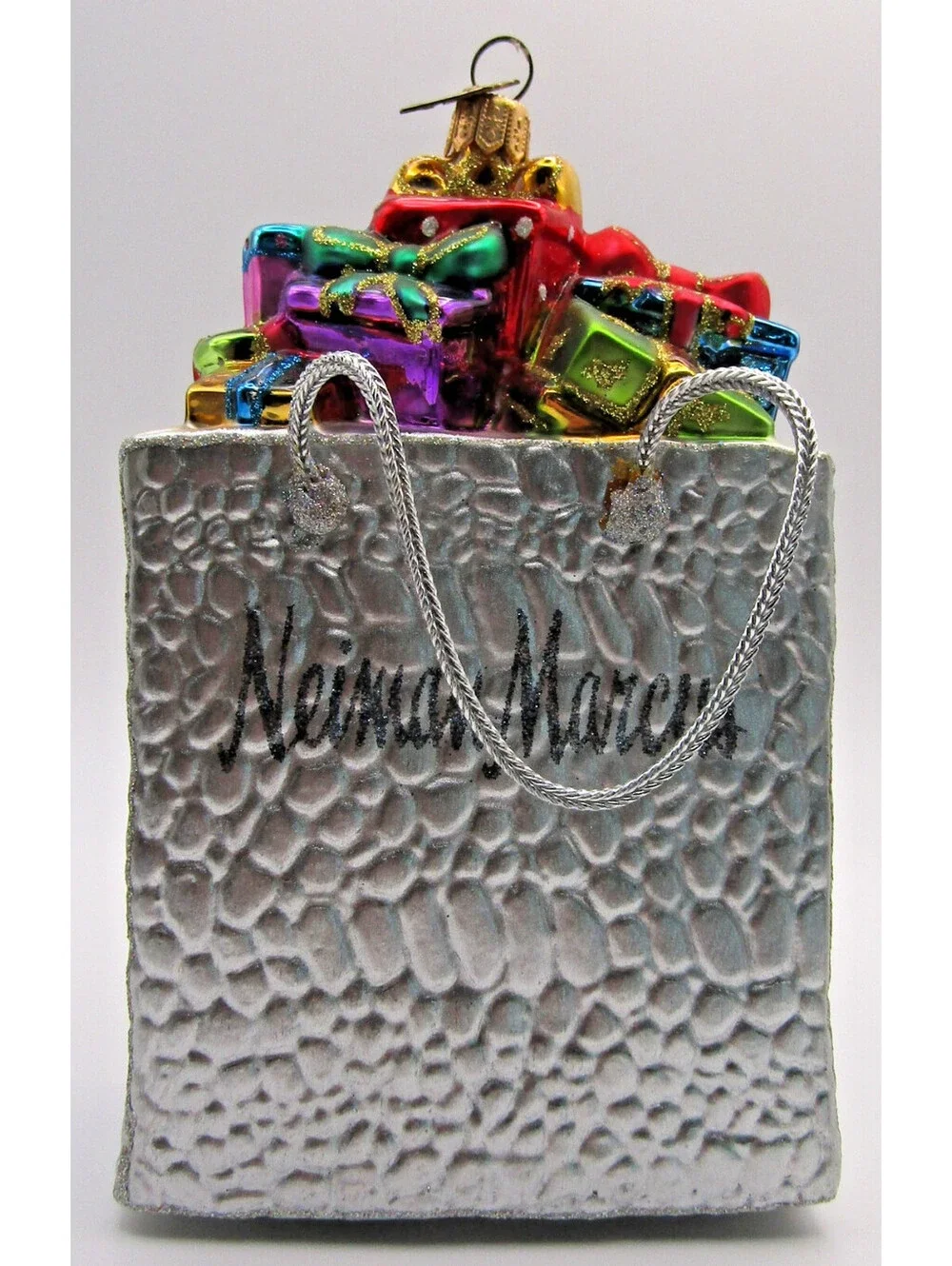 Neiman Marcus 2012 Mercury Glass Shopping Bag Ornament with Green Glass Stand